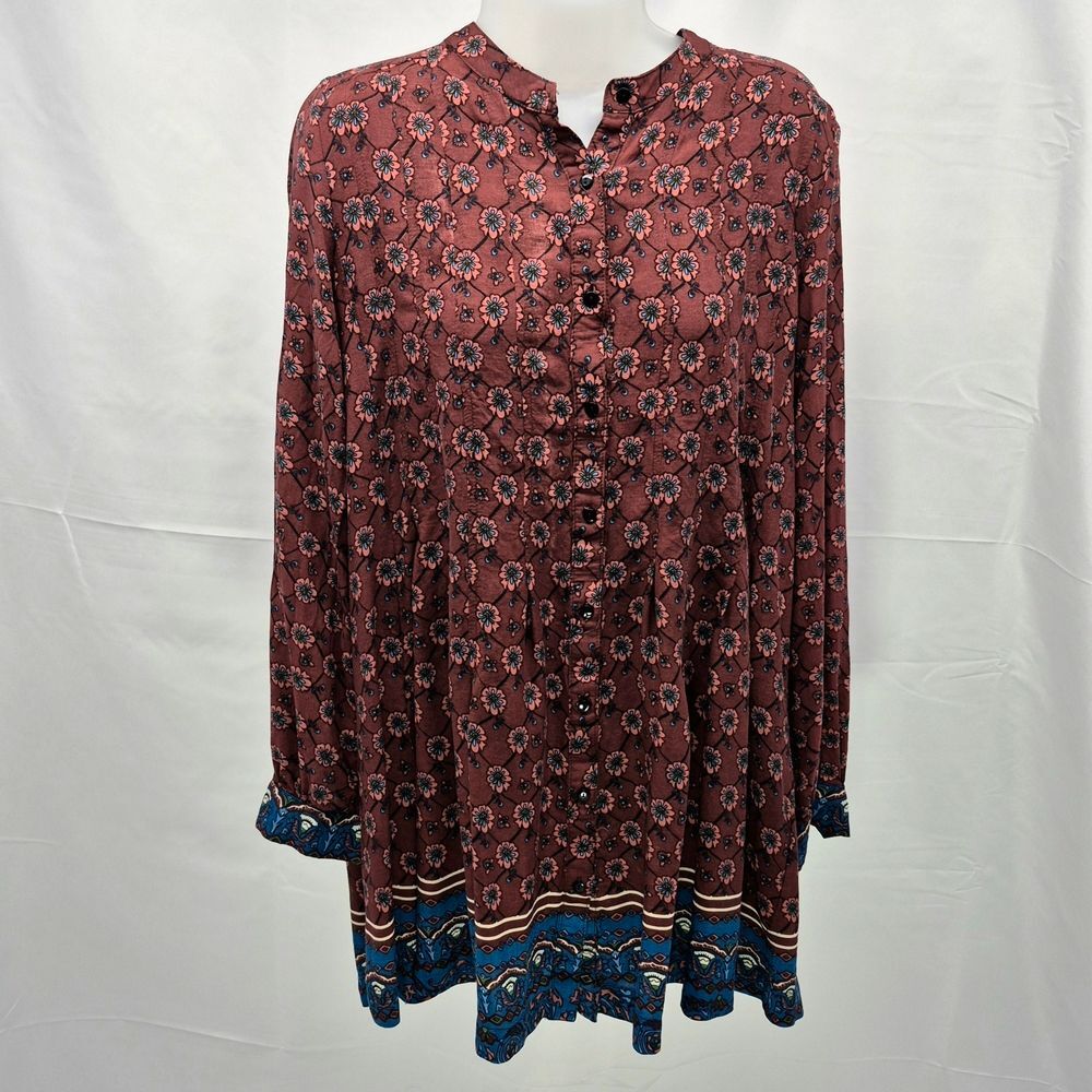 Double Zero Burgundy Blue Floral Boho Tunic Dress Long Sleeve Tiered Womans L